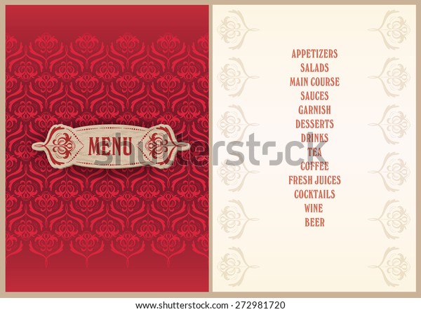 elegant template for the menu - luxury bright red\
color pattern background on the folder and light beige color\
background for the\
page