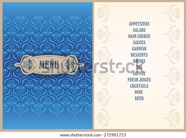 elegant template for the menu - luxury bright blue\
color pattern background on the folder and light beige color\
background for the\
page