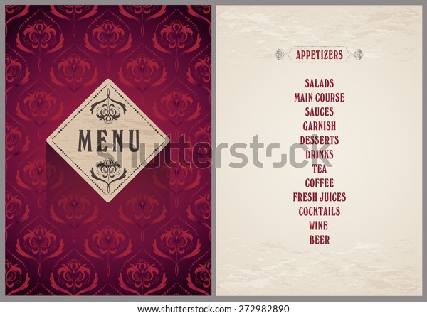 elegant template for the menu - luxury bright wine\
red color pattern background on the folder and light beige color\
background for the\
page