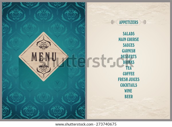 elegant template for the menu - luxury bright\
turquoise color pattern background on the folder and light beige\
color background for the\
page
