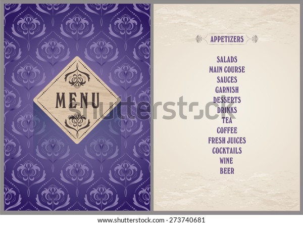 elegant template for the menu - luxury bright purple\
color pattern background on the folder and light beige color\
background for the\
page