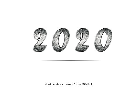 Elegant template of New Year 2020 in black and white tones with glitter. Shiny metal texture. Vector illustration for invitations, posters, promotion leaflet, greeting cards, web design. Isolated.