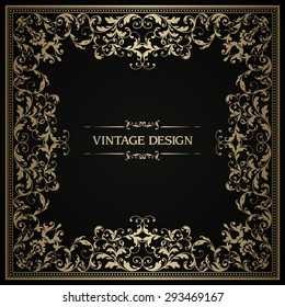 Elegant template with ornate gold frame. Lace pattern for invitation, greeting card, certificate.