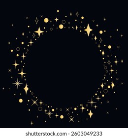 Elegant template with round empty frame of golden stars, sparkles and stardust