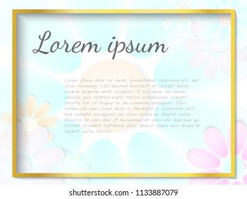Elegant template vector banner with paper flowers and place for your text, image or corporate identity details. High quality illustration. Big realistic gold frame with drop shadow. Wedding card