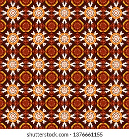 Elegant template for wallpaper, wrapping, textile, shawl, carpet. Red, brown and yellow filigree ornament. Vector seamless pattern with Mandalas in damask style.