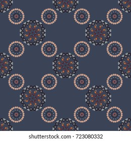 Elegant template for wallpaper, wrapping, textile, shawl, carpet. Vector seamless pattern with Mandalas in damask style. Gray, pink and blue filigree ornament.