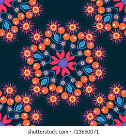 Elegant template for wallpaper, wrapping, textile, shawl, carpet. Vector seamless pattern with Mandalas in damask style. Pink, blue and orange filigree ornament.
