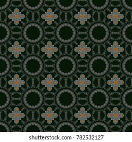 Elegant template for wallpaper, wrapping, textile, shawl, carpet. Vector seamless pattern with Mandalas in damask style. Gray, violet and black filigree ornament.