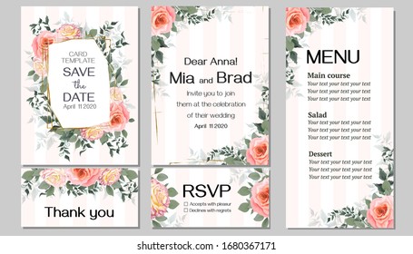 Elegante plantilla para una invitación de boda. Diseño floral, rosas rosas rosas, marco dorado poligonal, ramas verdes, plantas y hojas. Postal vectorial para el texto. Tarjeta de invitación, gracias, rsvp, menú.