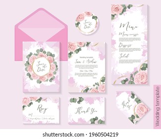 Elegant template for a wedding invitation. Floral design, pink roses, polygonal gold frame, green branches, plants and leaves. Vector postcard for your text. Invitation card, thanks, rsvp, menu.