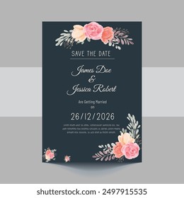 Elegant template wedding invitations with watercolor and flower foliage decoration