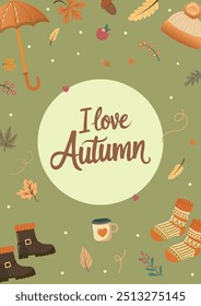 Elegant templates with autumn leaves and the phrase 'I Love Autumn' on a green background