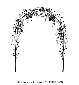 Elegant tender arch with flowers roses, tree branches and leaves. Vector illustration for greeting and invite card. Floral silhouette design.