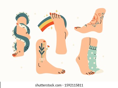Elegant tender female legs   feet  Side view  Snake wrapped around neck  Flowers  rainbow  tattoos  socks  Hand drawn colored trendy vector illustration  All elements are isolated
