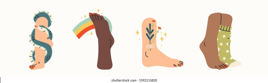 Elegant tender female legs   feet  Side view  Snake wrapped around neck  Flowers  rainbow  socks  Hand drawn colored trendy vector illustration  All elements are isolated