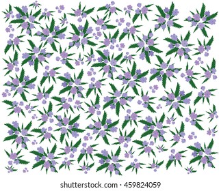 Elegant tender pattern with purple flowers and leaves, vector illustration. background
