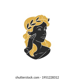 Elegant tender woman with olive leaves wreath on head silhouette drawing. Female bust vector illustration for wall art poster print template. Bohemian style women design concept.