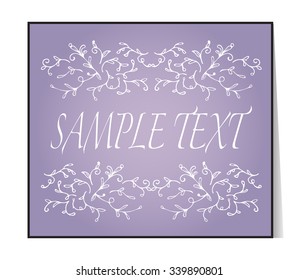 Elegant text frame. Floral vintage hand drawn vignettes. Beautiful banner, card, invitation or label. Ornament from twigs. Purple background. Place for your text. Vector Illustration.