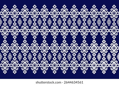 An elegant  textile pattern designed in a minimalist pixel art style. Featuring a repeating geometric white-on-deep-blue motif that reflects the beauty of traditional Isan weaving in modern