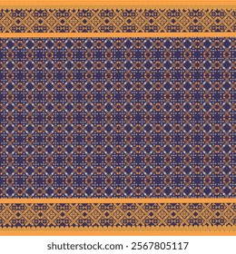 A elegant textile pattern with geometric patterns in warm tones and deep blue, ideal for inspiration in decor and fashion. 