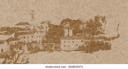 Elegant textured background with silhouettes of houses in beige and brown tones. Abstract template with an urban landscape. Vector illustration.