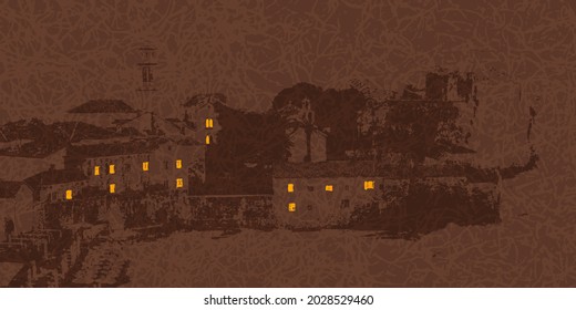Elegant textured background with silhouettes of houses in brown tones with yellow windows. Abstract template with an urban landscape. Vector illustration.