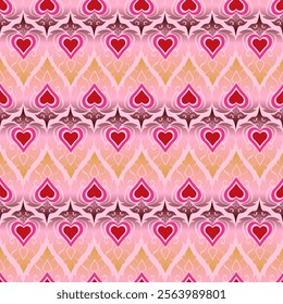 Elegant Thai Art Design Featuring Heart-Shaped Motifs in Pink, Red, and Gold Tones, Perfect for Romantic and Cultural Decor, Textile Patterns, and Traditional Southeast Asian Design Inspirations