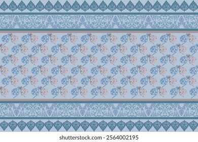 Elegant Thai Art Design with Intricate Floral and Heart Motifs in Soft Blue and Pink Tones, Featuring Decorative Borders and Patterns, Perfect for Textile Prints, Cultural Decor, and Art Projects