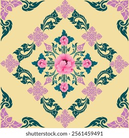 Elegant Thai Art Design with Pink Floral Motifs, Green Leaf Patterns, and Intricate Symmetrical Details on a Soft Yellow Background - Perfect for Textiles, Home Decor, and Cultural Projects