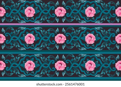 Elegant Thai Art Design with Pink Floral Motifs, Green Leaf Patterns, and Ornamental Symmetry on a Black Background - Perfect for Textiles, Home Decor, and Cultural Design Projects