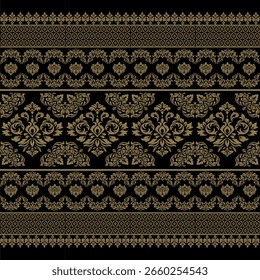 Elegante padrão de damasco tailandês no fundo preto. Um padrão digital luxuoso e sem emenda com intrincados motivos de damasco dourado e bordas inspiradas tradicionais em um fundo preto sofisticado 