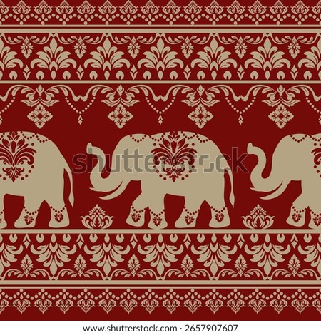 Elegant Thai elephant damask pattern with traditional floral elements in gold on red background. Ideal for textile, wallpaper, and luxury design themes.