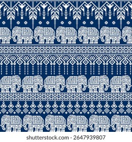 Elegante padrão de elefante tailandês com intrincadas bordas geométricas. Vetor monocromático contínuo inspirado na arte têxtil tradicional, ideal para decoração de casa, impressões de tecido, envoltório de presente e produto com tema cultural