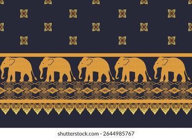 Elegant Thai Elephant Textile Design with Gold Ornamental Borders, Floral Motifs, and Deep Navy Background in Traditional Southeast Asian Style for Fabric and Decor