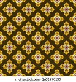 Elegant Thai floral Kanok pattern in gold on a rich dark brown background. The Dok Jok (ดอกจิก) motif features delicate curves and traditional Thai ornamental design, symbolizing beauty and cultural h