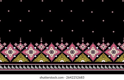 Elegant Thai floral pattern on black background, perfect for fabric, textile design, traditional decoration, and luxury print art inspired by Thai culture.