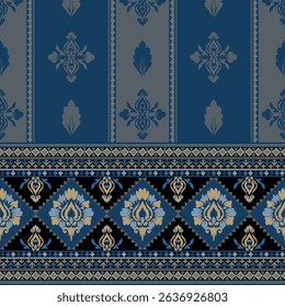 Elegant Thai floral pattern in a vertical composition with golden ornamental borders on royal blue, suitable for wallpaper, fabric, or luxury packaging.