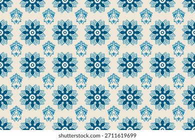Elegant Thai floral seamless pattern in blue tones on a cream background. Perfect for textile prints, wallpaper, packaging and decorative design projects.