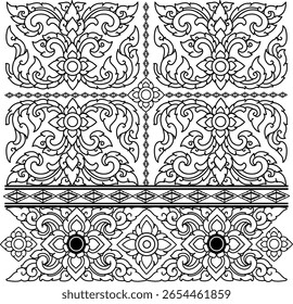 Elegante patrón de Kanok tailandés en arte de línea de Vector blanco y negro limpio. Diseñado para versatilidad y adaptación creativa. Perfecto para diseñadores que buscan un motivo tradicional tailandés para aplicaciones modernas