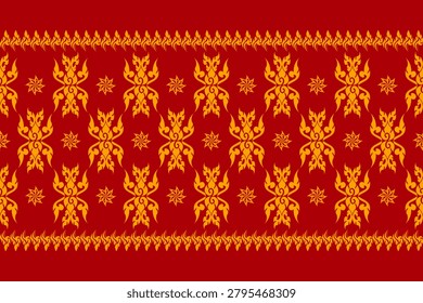 Elegant Thai ornamental pattern in gold on a rich red background, featuring traditional flame motifs and geometric symmetry. Designed as a seamless vector pattern, perfect for textiles, wallpapers, packaging, backgrounds, fabric prints, and cultural-inspired decorative projects.