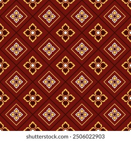 Elegant Thai pattern pattern pattern featuring diamond shapes and stylized flowers in rich maroon, gold, and white. Traditional Asian motif with intricate details, perfect for textile, wallpaper.
