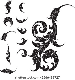 Elegant Thai swirl leaf patterns in vector format, suitable for decorative designs, tattoos, and modern cultural art projects.