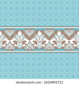 Elegant Thai traditional floral pattern in soft blue and brown tones with symmetric design and ornamental borders. Perfect for textiles, backgrounds, and cultural projects.