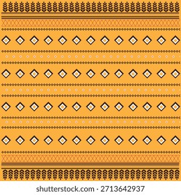 Elegante patrón tradicional tailandés con fondos amarillos dorados con intrincados motivos de diamantes y bordes étnicos. Ideal para diseños textiles de lujo y arte cultural.