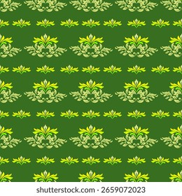 Elegant Thai-inspired damask pattern in green and gold tones, ideal for textiles, wallpapers, and luxury print decor.