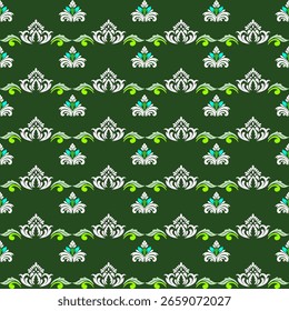 Elegant Thai-inspired damask pattern in green and gold tones, ideal for textiles, wallpapers, and luxury print decor.