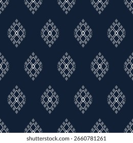 Elegant Thai-inspired diamond pattern with linear geometric lines and traditional dotted motifs, rendered in white on a dark navy blue background. Ideal for digital prints, textiles, and modern fashio