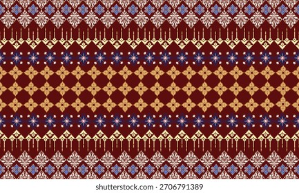 Elegante padrão geométrico de inspiração tailandesa com motivos ornamentais de ouro sobre fundo borgonha profundo. Este design de estilo sem costura é perfeito para tecido de luxo, impressão têxtil, papel de parede, embalagem, moda