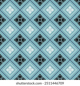 Elegante estampado de inspiración tailandesa en turquesa y negro. Diseño sin fisuras motivo floral. Perfecto para telas, Fondos de pantalla o fondos digitales. Patrón de Elementos asiáticos tradicionales. Patrón versátil.